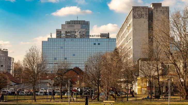 Scenic urban landscape featuring Hotel International in Zagreb on a sunny day.